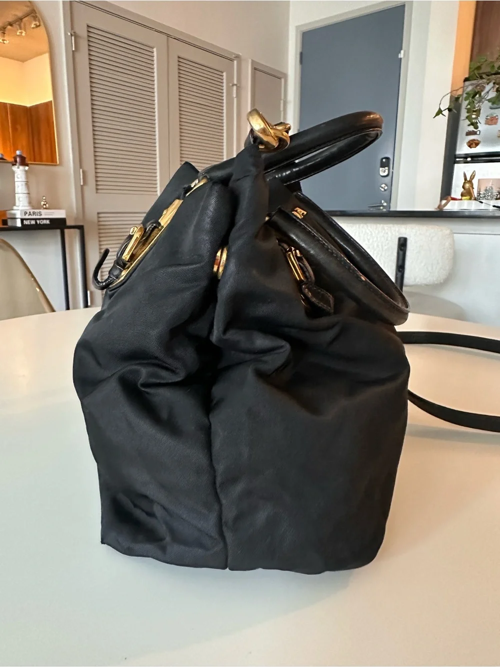 Prada Black Nylon Tessuto Shoulder Bag Satchel Gold Hardware